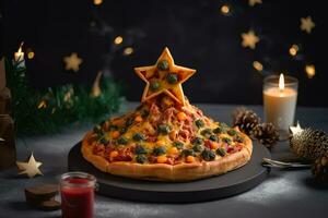 ai generato un' Natale albero sagomato Pizza su un' piatto foto