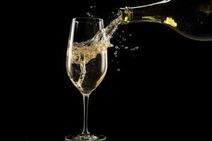 ai generato Champagne scrosciante in un' bicchiere su un' nero sfondo foto