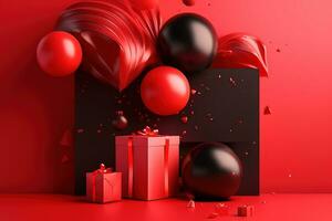 ai generato 3d illustrazione di rosso e nero palloncini e regalo scatole foto