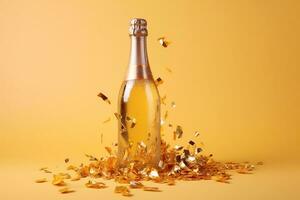 ai generato un' bottiglia di Champagne con oro coriandoli su un' giallo sfondo foto