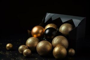 ai generato oro e nero Natale palle nel un' nero scatola foto