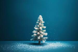 ai generato un' piccolo Natale albero è in piedi su un' blu sfondo foto