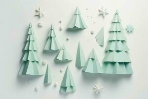 ai generato carta tagliare su Natale alberi su bianca sfondo foto