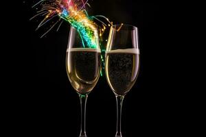 ai generato Due bicchieri di Champagne con colorato sparklers foto