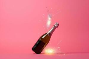 ai generato un' bottiglia di Champagne con sparklers su un' rosa sfondo foto