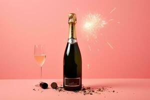 ai generato un' bottiglia di Champagne e un' bicchiere di Champagne su un' rosa sfondo foto