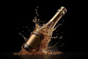 ai generato Champagne bottiglia spruzzi con acqua su nero sfondo foto