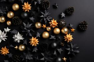 ai generato nero e oro Natale decorazioni su un' nero sfondo foto