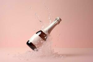 ai generato un' bottiglia di Champagne è spruzzi in il acqua foto