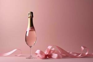 ai generato Champagne bottiglia e bicchiere su rosa sfondo foto