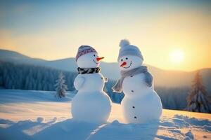 ai generato Due pupazzi di neve in piedi nel il neve a tramonto foto