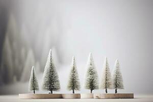 ai generato piccolo alberi su di legno sta nel davanti di un' nevoso sfondo foto