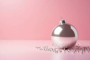 ai generato un' argento Natale palla su un' rosa sfondo foto