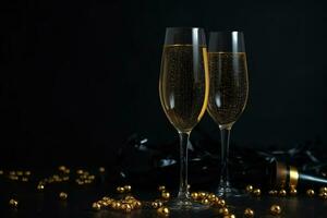 ai generato Due bicchieri di Champagne con oro coriandoli su un' nero sfondo foto