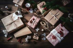 ai generato Natale regali su un' di legno tavolo foto