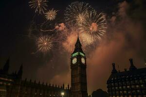 ai generato fuochi d'artificio al di sopra di grande Ben nel Londra foto