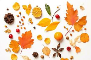 ai generato autunno le foglie e frutta disposte nel un' cerchio su un' bianca sfondo foto