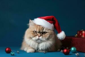 ai generato un' gatto indossare un' Santa cappello e seduta Il prossimo per Natale decorazioni foto