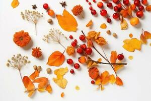 ai generato autunno le foglie e frutti di bosco disposte su un' bianca superficie foto