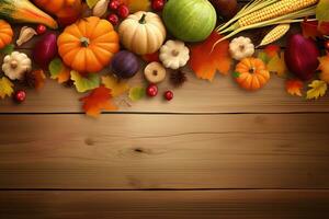 ai generato ringraziamento sfondo con autunno frutta e verdure foto