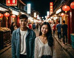 ai generato foto di anziano asiatico donna durante pesante pioggia e alluvione su strada a chinatown strada a notte, generativo ai