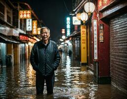 ai generato foto di anziano asiatico donna durante pesante pioggia e alluvione su strada a chinatown strada a notte, generativo ai