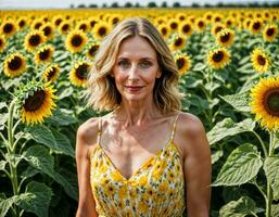 ai generato foto di bellissimo mezzo anziano donna nel Stampa vestito attrezzatura a girasoli campo, generativo ai