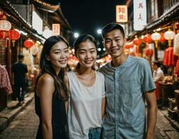 ai generato foto di anziano asiatico donna durante pesante pioggia e alluvione su strada a chinatown strada a notte, generativo ai