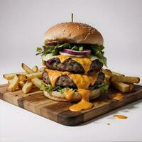 ai generato formaggio hamburger con patatine fritte nel di legno taglio tavola ai generativo foto