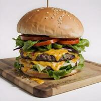 ai generato formaggio hamburger con patatine fritte nel di legno taglio tavola ai generativo foto