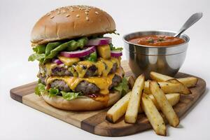 ai generato formaggio hamburger con patatine fritte nel di legno taglio tavola ai generativo foto