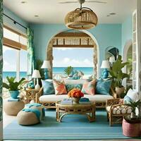 ai generato un' a tema tropicale casa interno design per un' spiaggia Casa o costiero residenza foto
