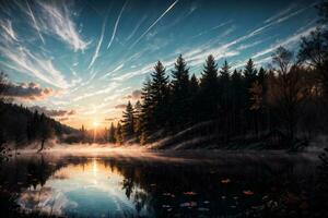 ai generato d'oro ora etereo sognante lago Casa ai generativo foto