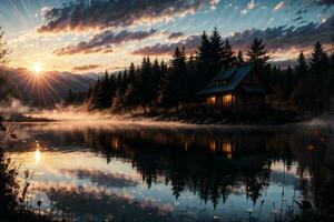 ai generato d'oro ora etereo sognante lago Casa ai generativo foto