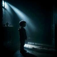 ai generato buio silhouette di ragazzo nel misterioso camera ai generativo foto
