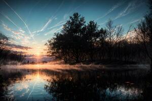 ai generato d'oro ora etereo sognante lago Casa ai generativo foto