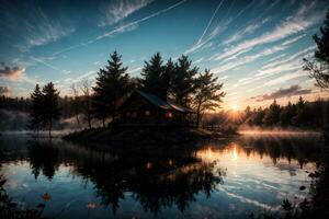 ai generato d'oro ora etereo sognante lago Casa ai generativo foto