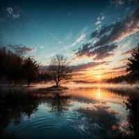 ai generato d'oro ora etereo sognante lago Casa ai generativo foto