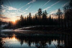 ai generato d'oro ora etereo sognante lago Casa ai generativo foto