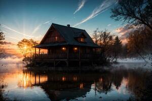 ai generato d'oro ora etereo sognante lago Casa ai generativo foto