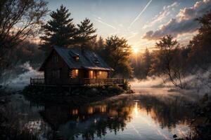 ai generato d'oro ora etereo sognante lago Casa ai generativo foto