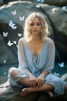 ai generato bellissimo donna seduta su un' roccia con farfalle volante in giro sua foto