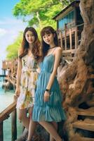 ai generato Due giapponese donne nel vestiti in piedi su il spiaggia foto