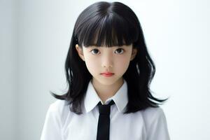 ai generato giapponese elementare scuola ragazza con nero capelli isolato foto