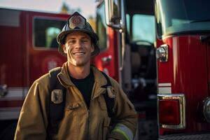 ai generato ritratto di maschio pompiere sorridente nel davanti di fuoco camion bokeh stile sfondo foto