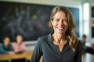 ai generato ritratto di femmina insegnante sorridente nel aula bokeh stile sfondo foto