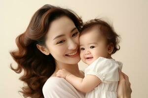 ai generato asiatico madre Tenere sua bambino bokeh stile sfondo foto