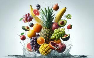 ai generato agrume frutta diverso volante e spruzzi acqua misto frutta galleggiante nel il aria con acqua gocce e spruzzi su un' bianca sfondo foto