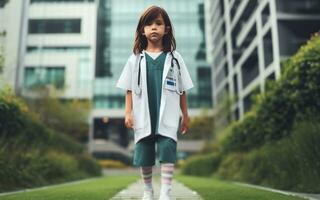 ai generato 10 anno vecchio bambino nel medico uniforme trattamento pazienti ospedale sfondo figli di futuro carriera idee foto