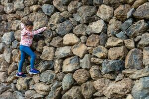 un' giovane ragazza si arrampica al di sopra di il rocce su superiore di un' collina foto